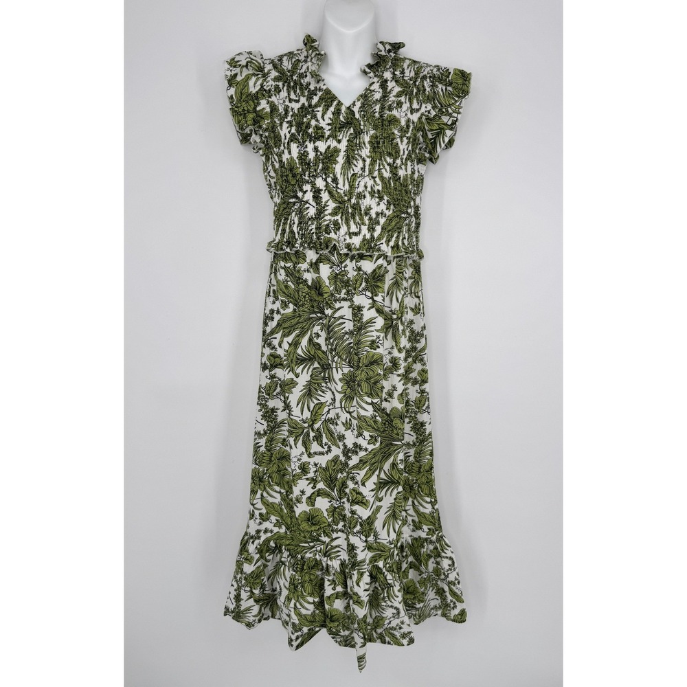 Tuckernuck Anna Cate Smocked Midi Dress XS‎ Green Tropical Floral Ruffle Cotton